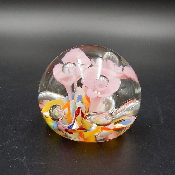 St Claire Art Glass Pink Trumpet Flower Paperweight Controlled Bubble Signed SIC - Picture 4 of 9